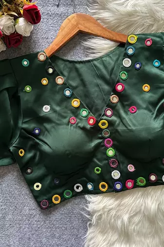 Green navratri satin silk blend mirror work blouse