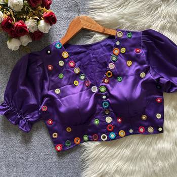 Purple navratri satin silk blend mirror work blouse 1