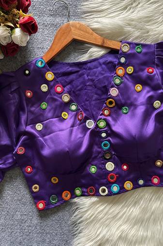 Purple navratri satin silk blend mirror work blouse