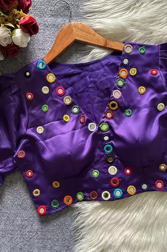 Purple navratri satin silk blend mirror work blouse