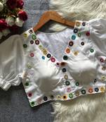White navratri satin silk blend mirror work blouse