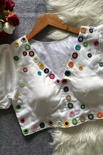 White navratri satin silk blend mirror work blouse