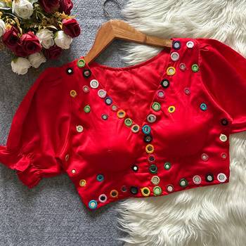 Red navratri satin silk blend mirror work blouse 1