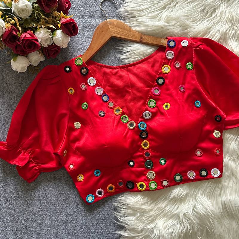 Red navratri satin silk blend mirror work blouse