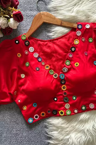 Red navratri satin silk blend mirror work blouse