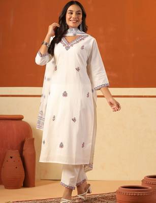 Women Ethnic Motifs Embroidered Regular Thread Work Pure Cotton Kurta with Trousers & With Dupatta 2
