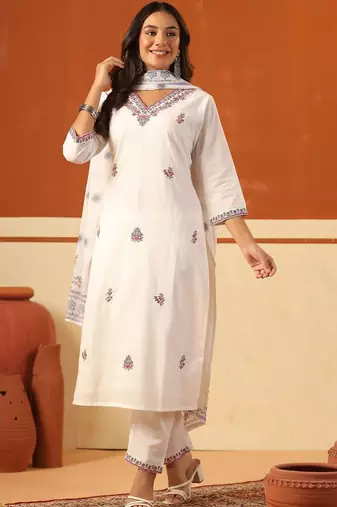 Women Ethnic Motifs Embroidered Regular Thread Work Pure Cotton Kurta with Trousers & With Dupatta