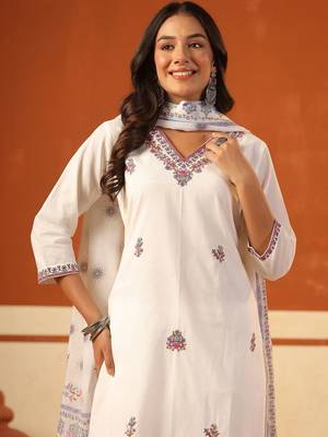 Women Ethnic Motifs Embroidered Regular Thread Work Pure Cotton Kurta with Trousers & With Dupatta 3