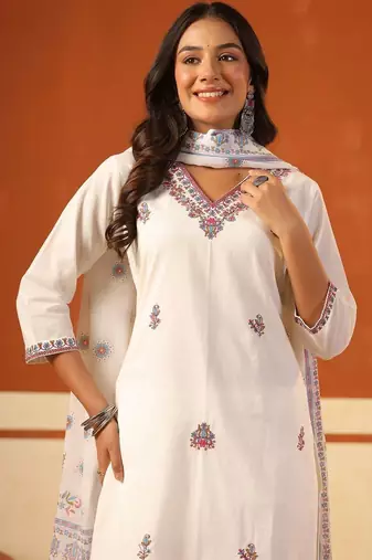 Women Ethnic Motifs Embroidered Regular Thread Work Pure Cotton Kurta with Trousers & With Dupatta