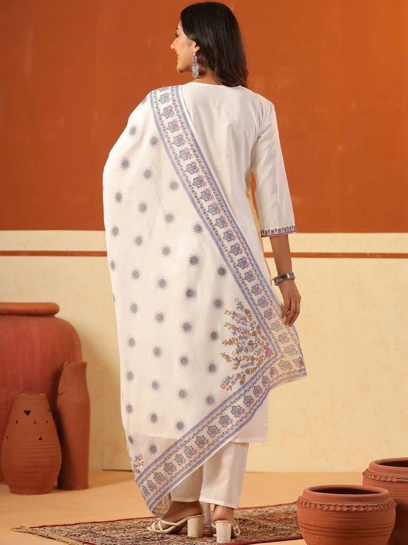 Women Ethnic Motifs Embroidered Regular Thread Work Pure Cotton Kurta with Trousers & With Dupatta