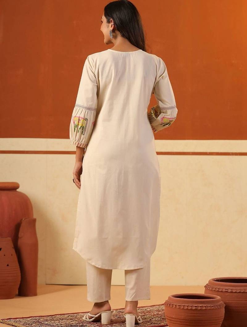 Women Ethnic Motifs Printed Regular Thread Work Pure Cotton Kurta with Trousers