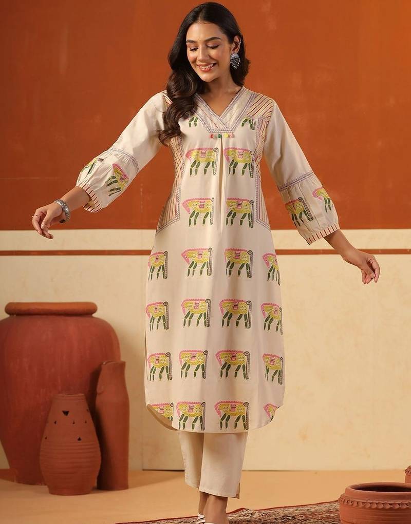 Women Ethnic Motifs Printed Regular Thread Work Pure Cotton Kurta with Trousers
