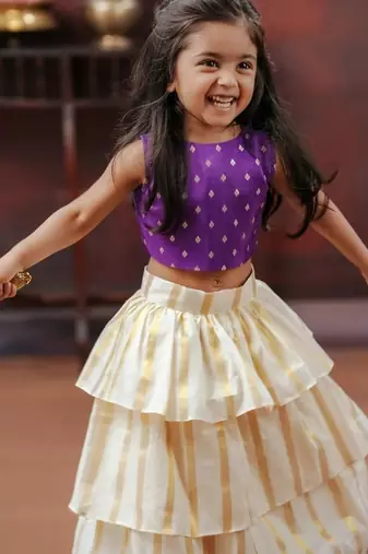 Violet and white kasavu wear skirt and top set