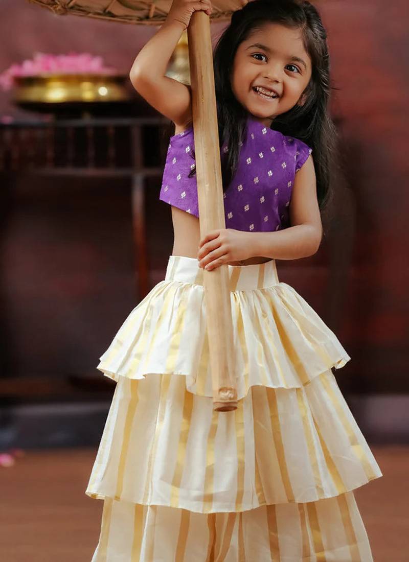 Violet and white kasavu wear skirt and top set