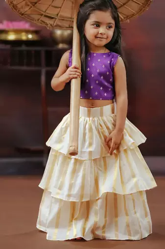 Violet and white kasavu wear skirt and top set