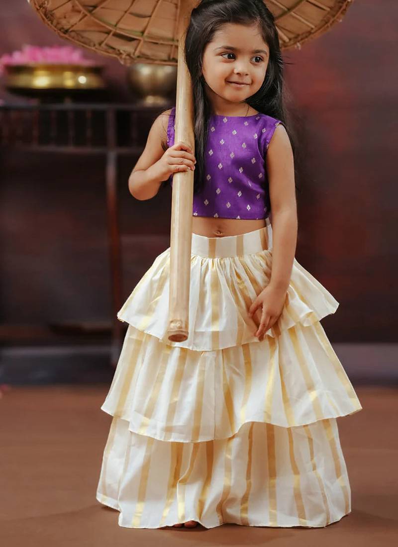 Violet and white kasavu wear skirt and top set