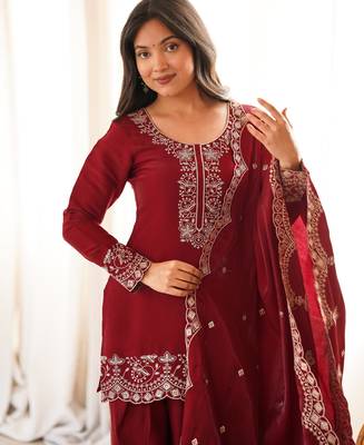 Embroidered Roman Silk Straight Kurta Shalwar and Dupatta Set 2