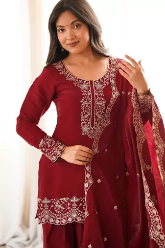 Embroidered Roman Silk Straight Kurta Shalwar and Dupatta Set