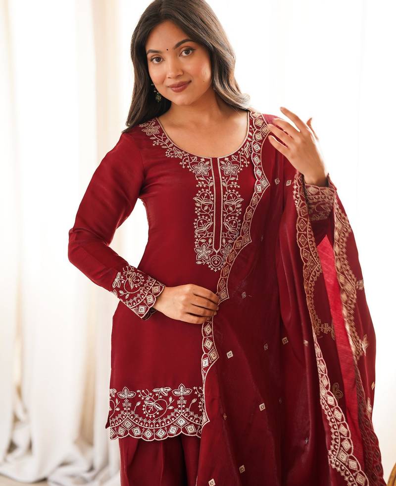 Embroidered Roman Silk Straight Kurta Shalwar and Dupatta Set