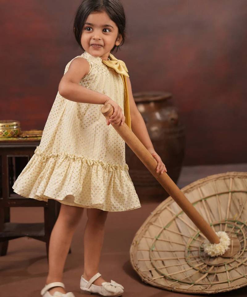 Ivory pleated a line brocade frock
