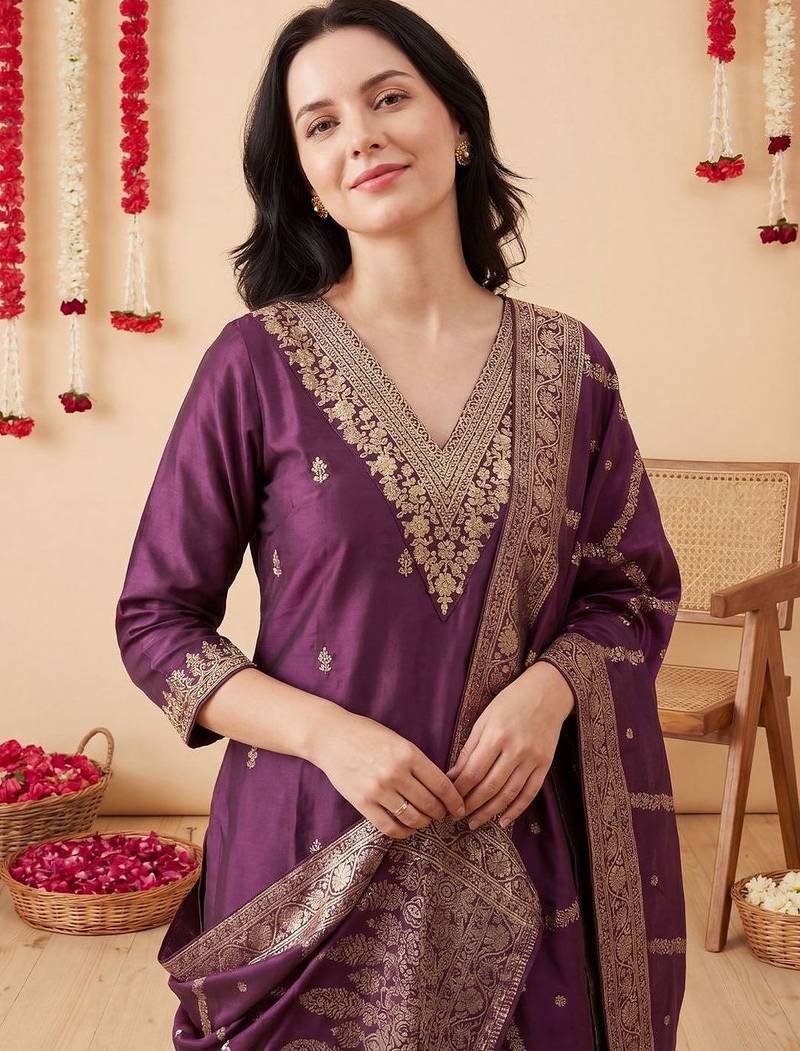 Women Regular Kurta with Trousers & With Dupatta