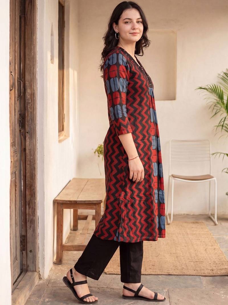 Women Ethnic Motifs Printed Pleated Thread Work Cotton Kurta with Trousers