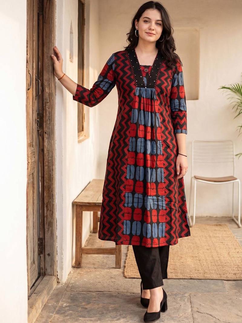 Women Ethnic Motifs Printed Pleated Thread Work Cotton Kurta with Trousers