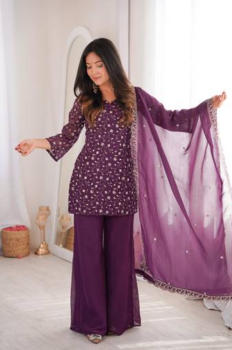 Women's Gorgeous Embroidery Work Crunchy Silk Fabric Straight Kurta Pant and Dupatta Set
