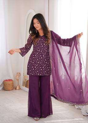 Women's Gorgeous Embroidery Work Crunchy Silk Fabric Straight Kurta Pant and Dupatta Set 1