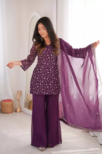 Women's Gorgeous Embroidery Work Crunchy Silk Fabric Straight Kurta Pant and Dupatta Set