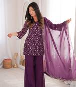 Women's Gorgeous Embroidery Work Crunchy Silk Fabric Straight Kurta Pant and Dupatta Set