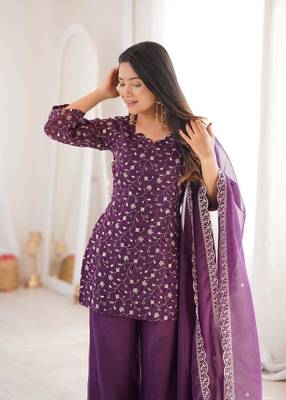 Women's Gorgeous Embroidery Work Crunchy Silk Fabric Straight Kurta Pant and Dupatta Set 2