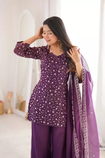 Women's Gorgeous Embroidery Work Crunchy Silk Fabric Straight Kurta Pant and Dupatta Set