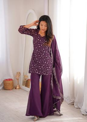 Women's Gorgeous Embroidery Work Crunchy Silk Fabric Straight Kurta Pant and Dupatta Set 5