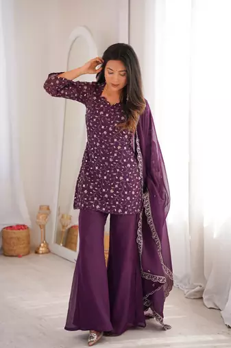 Women's Gorgeous Embroidery Work Crunchy Silk Fabric Straight Kurta Pant and Dupatta Set