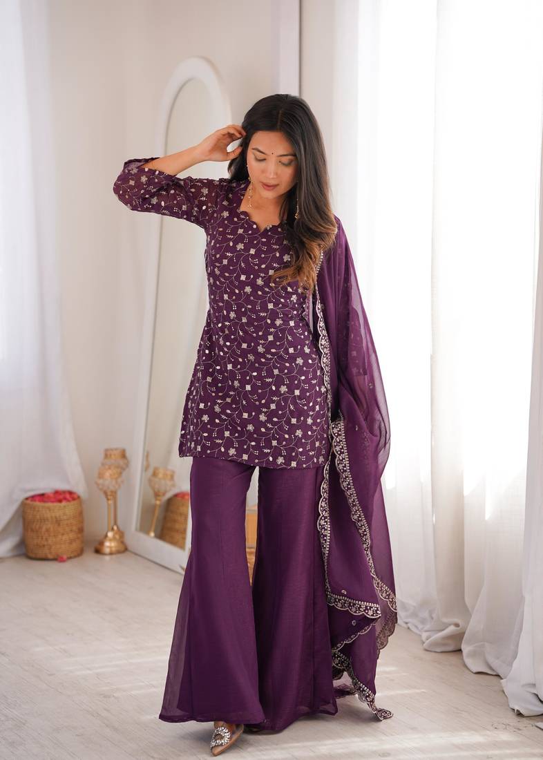 Women's Gorgeous Embroidery Work Crunchy Silk Fabric Straight Kurta Pant and Dupatta Set