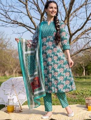Women Floral Printed Regular Pure Cotton Kurta with Trousers & With Dupatta 1
