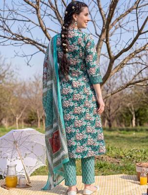 Women Floral Printed Regular Pure Cotton Kurta with Trousers & With Dupatta 3