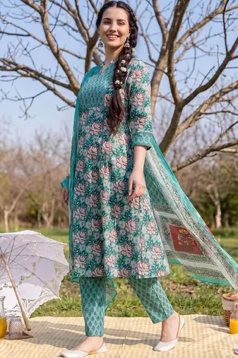 Women Floral Printed Regular Pure Cotton Kurta with Trousers & With Dupatta