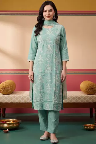 Women Ethnic Motifs Embroidered Regular Thread Work Kurta with Trousers & With Dupatta
