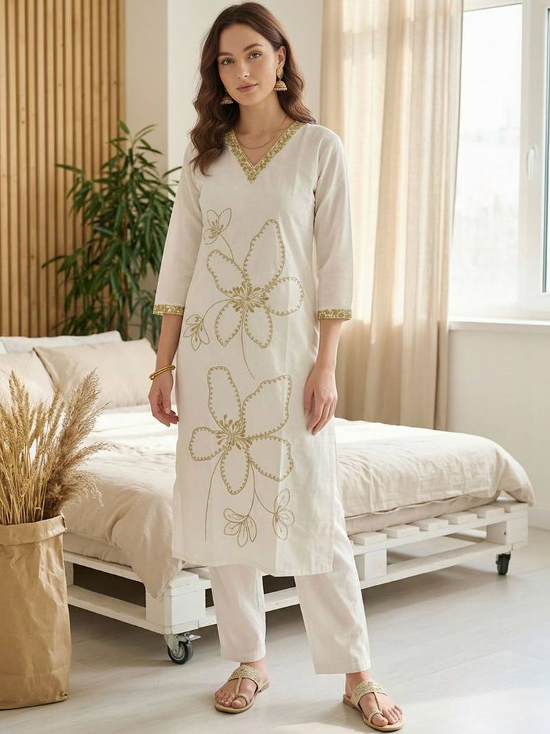 Women Floral Embroidered Regular Thread Work Kurta with Trousers