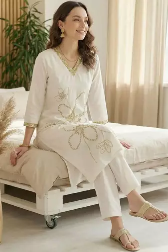 Women Floral Embroidered Regular Thread Work Kurta with Trousers