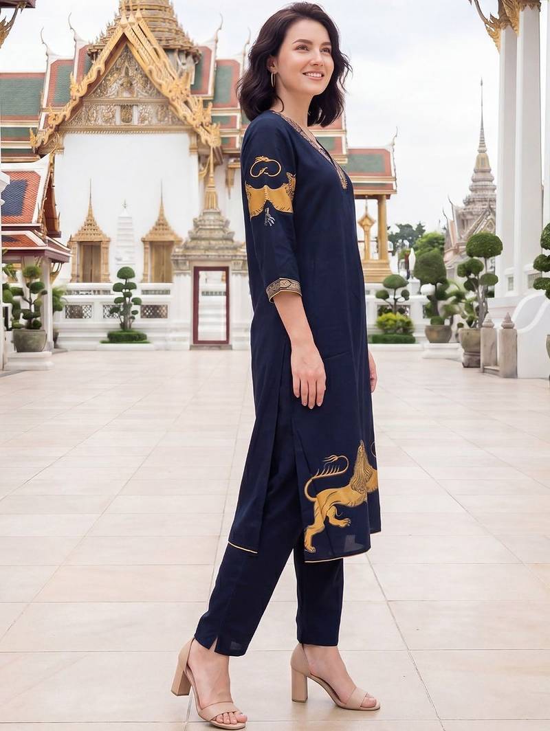 Women Ethnic Motifs Printed Regular Thread Work Kurta with Trousers