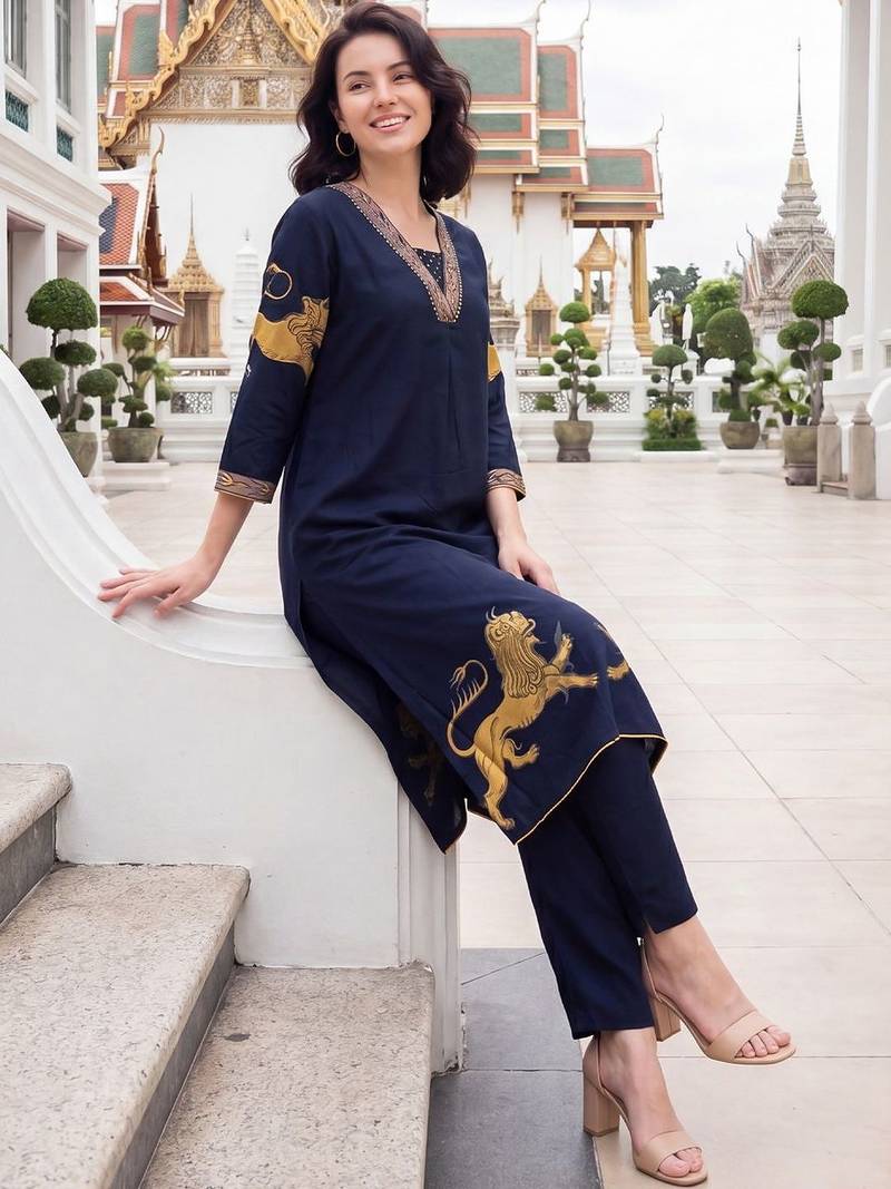 Women Ethnic Motifs Printed Regular Thread Work Kurta with Trousers