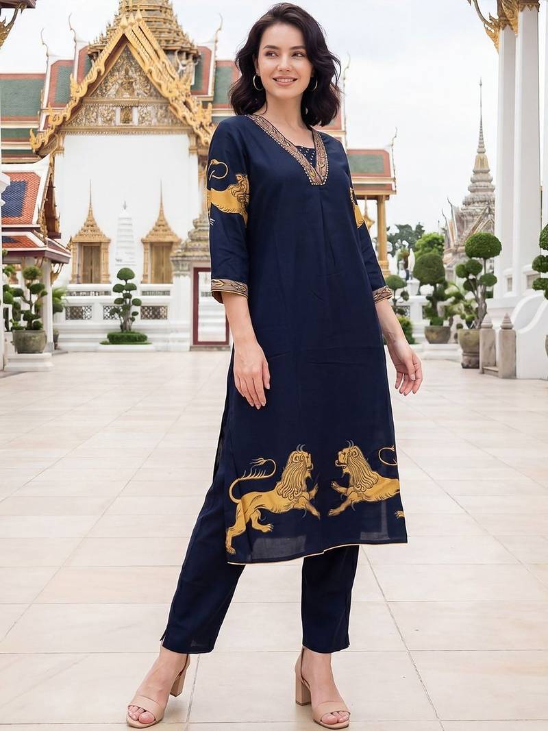 Women Ethnic Motifs Printed Regular Thread Work Kurta with Trousers