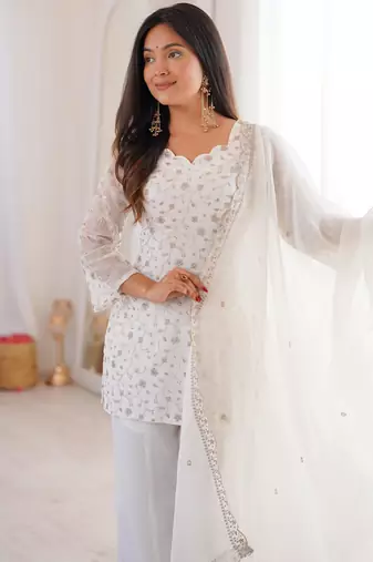 Embroidered Crunchy Silk Straight Kurta Pant and Dupatta Set