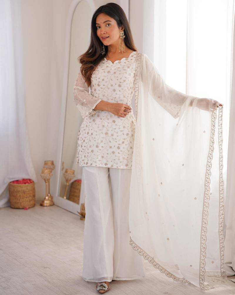 Embroidered Crunchy Silk Straight Kurta Pant and Dupatta Set