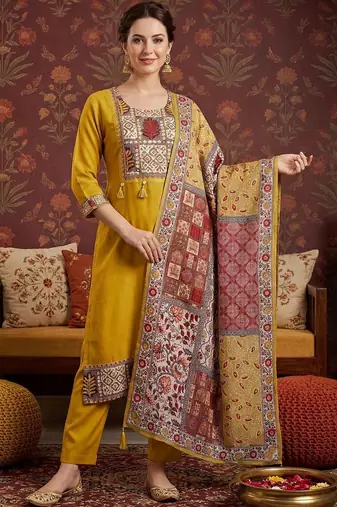 Women Ethnic Motifs Embroidered Regular Thread Work Kurta with Trousers & With Dupatta