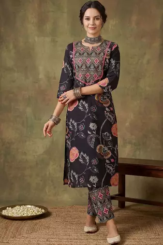 Women Floral Printed Regular Thread Work Pure Cotton Kurta with Trousers