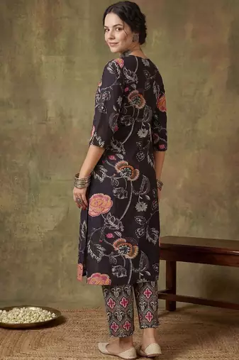 Women Floral Printed Regular Thread Work Pure Cotton Kurta with Trousers